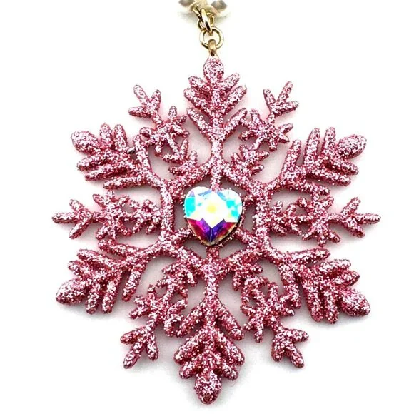Betsey Johnson Snowflake Pendant Necklace With Pink Glitter & Heart Charm - Picture 3 of 6